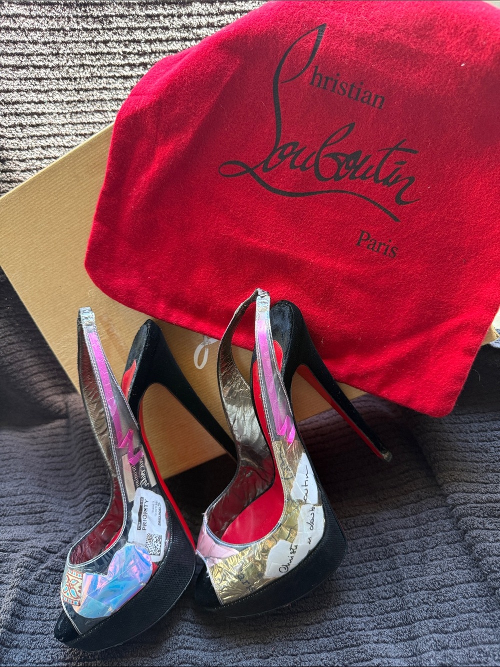 Christian Louboutin Women's Black Multicolor Slingback Platform Pumps